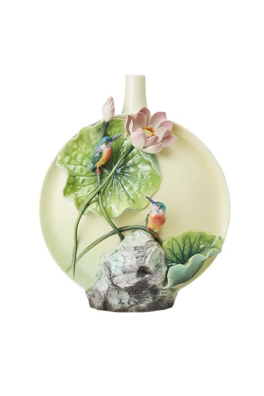 7f法蓝瓷情投意合双翠荷花瓷瓶