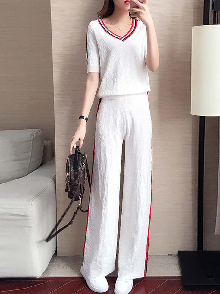 ht668787休闲阔腿裤套装女夏季2020新款洋气女士时尚冰丝针织运动服两