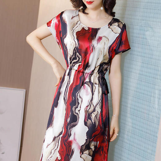 KQ-81070新款系带收腰条纹印花桑蚕丝连衣裙 商品图3