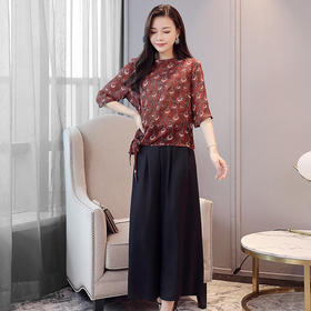 WZNH-DFYM69022夏新款欧美时尚大码系带上衣T恤+纯色阔腿裤套装