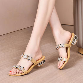 RB189新款粗跟圆头露趾超纤大码中跟外穿凉拖鞋