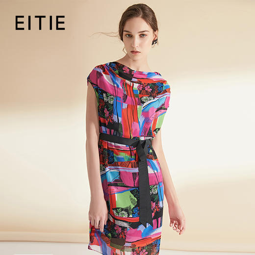 EITIE爱特爱女装夏季新款荡领绑带收腰显瘦抽象印花连衣裙薄5907639 商品图0