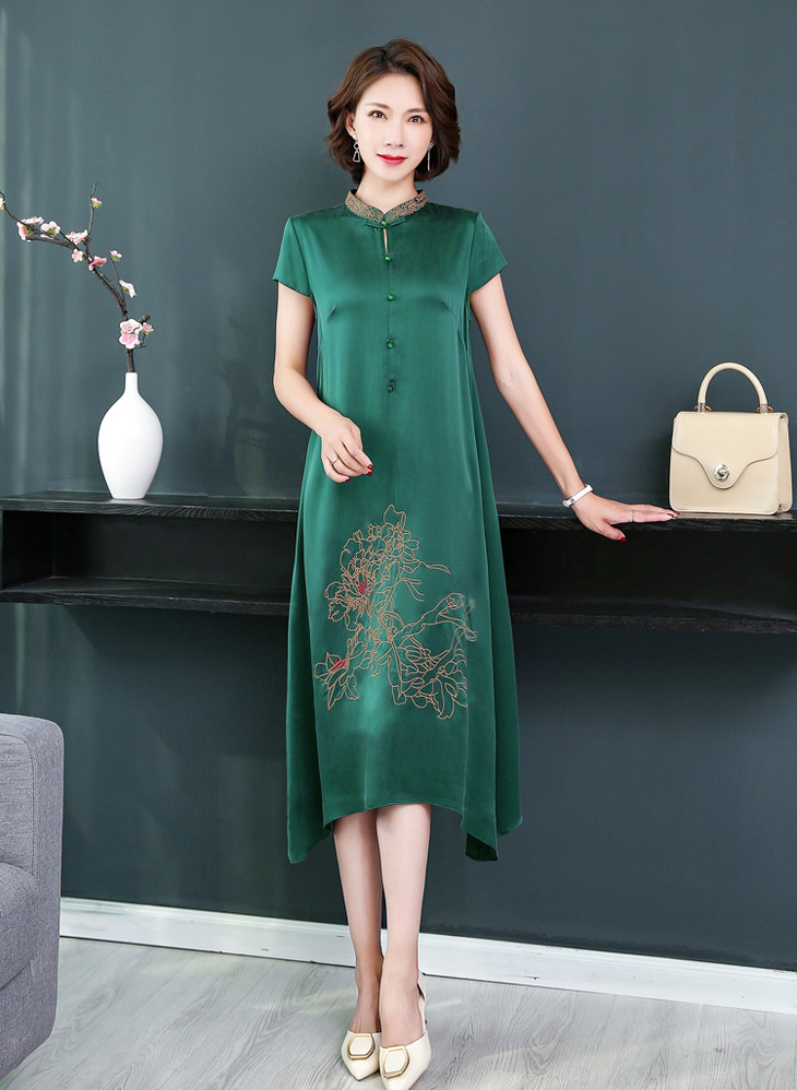 xn8033立领刺绣桑蚕丝真丝连衣裙