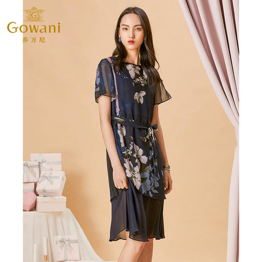 乔万尼夏季印花桑蚕丝优雅连衣裙宽松系带真丝中长裙ES2E172 商品图1