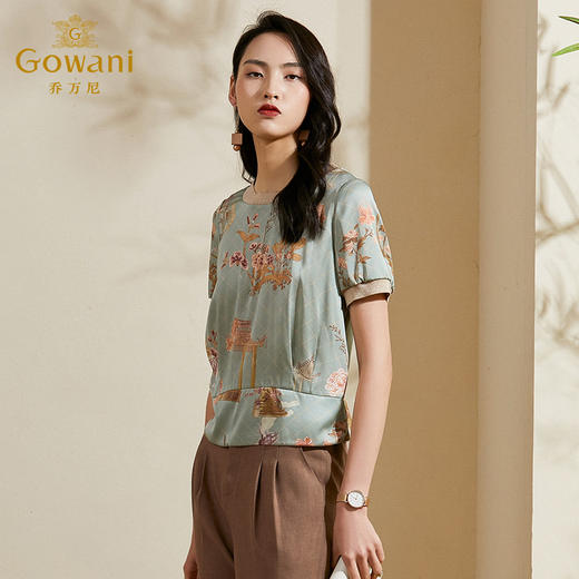 乔万尼新款夏真丝衬衫女流行气质显瘦短袖印花桑蚕丝上衣ES2C195 商品图3