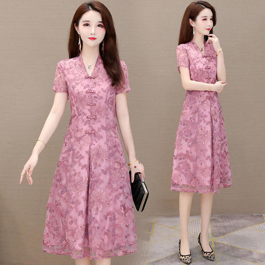 YW-JLNH-JA008修身气质V领短袖绣花连衣裙 商品图2