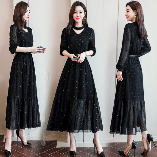 WZNH-SMYZ1915-1V领长袖收腰纯色优雅时尚连衣裙 商品图4