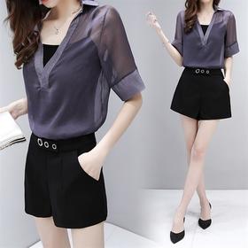 WZNH-SLYY8919夏季性感透视宽松大V领短袖罩衫吊带两件套