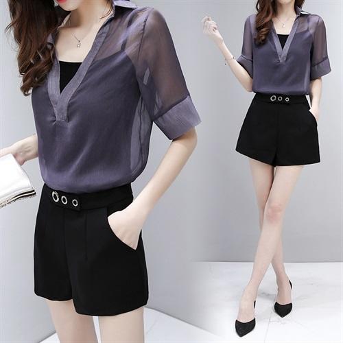 WZNH-SLYY8919夏季性感透视宽松大V领短袖罩衫吊带两件套 商品图0