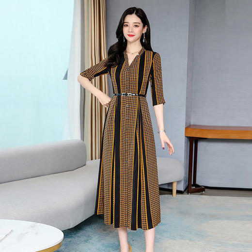 AHM yyj6857条纹连衣裙女复古优雅时尚V领 商品图1
