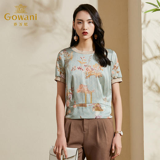 乔万尼新款夏真丝衬衫女流行气质显瘦短袖印花桑蚕丝上衣ES2C195 商品图2