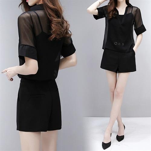 WZNH-SLYY8919夏季性感透视宽松大V领短袖罩衫吊带两件套 商品图1