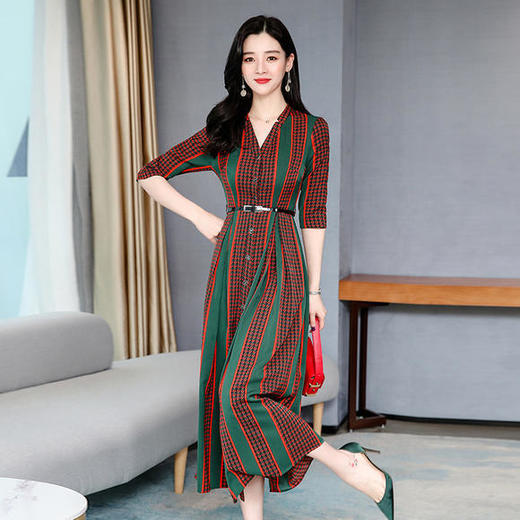 AHM yyj6857条纹连衣裙女复古优雅时尚V领 商品图2