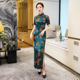 TM-2605新款真丝旗袍长款双层桑蚕丝旗袍