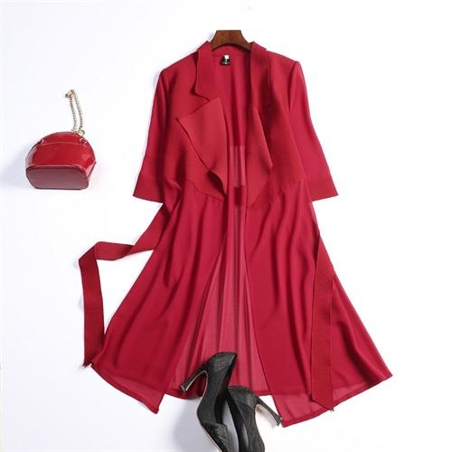 WZNH-MMY50289中腰七分袖中长款蝴蝶结系带V领纯色开衫外套 商品图4