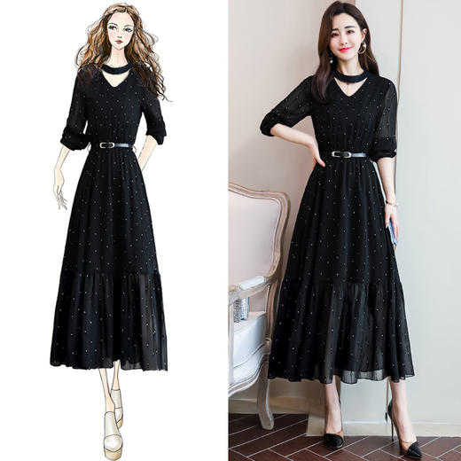 WZNH-SMYZ1915-1V领长袖收腰纯色优雅时尚连衣裙 商品图1