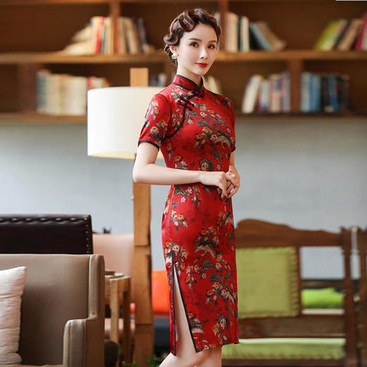 TM2201新款真丝桑蚕丝中长款双层短袖旗袍 商品图2