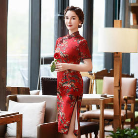 TM2201新款真丝桑蚕丝中长款双层短袖旗袍