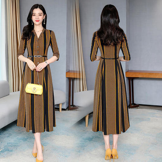 AHM yyj6857条纹连衣裙女复古优雅时尚V领 商品图3