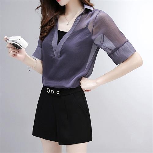 WZNH-SLYY8919夏季性感透视宽松大V领短袖罩衫吊带两件套 商品图2