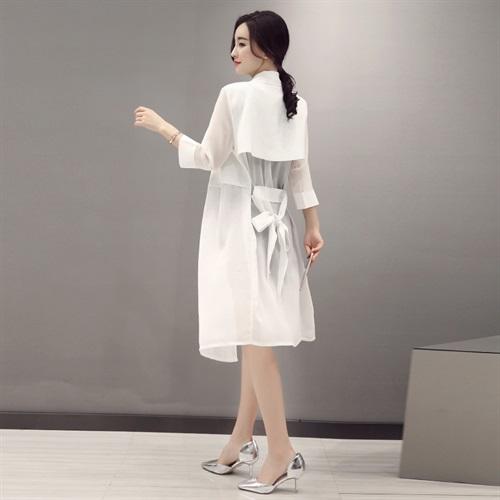 WZNH-MMY50289中腰七分袖中长款蝴蝶结系带V领纯色开衫外套 商品图3