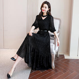 WZNH-SMYZ1915-1V领长袖收腰纯色优雅时尚连衣裙