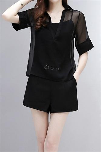 WZNH-SLYY8919夏季性感透视宽松大V领短袖罩衫吊带两件套 商品图3