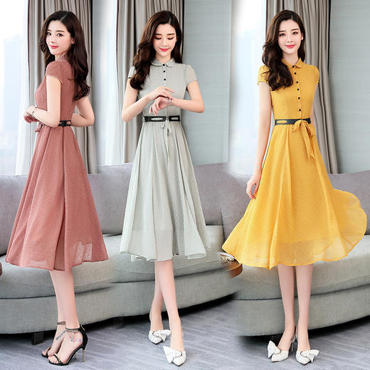 WZNH-MLJL9905(配腰带)纯色舒适时尚潮流单排扣短袖中长款连衣裙 商品图0