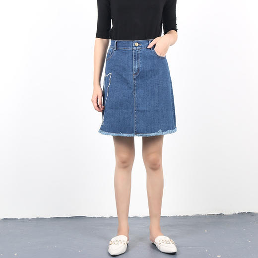 牛仔半身裙猫猫刺绣流苏边牛仔半裙女56057 商品图1