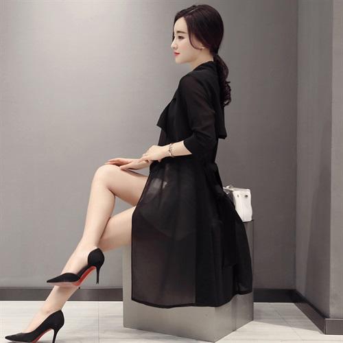 WZNH-MMY50289中腰七分袖中长款蝴蝶结系带V领纯色开衫外套 商品图2