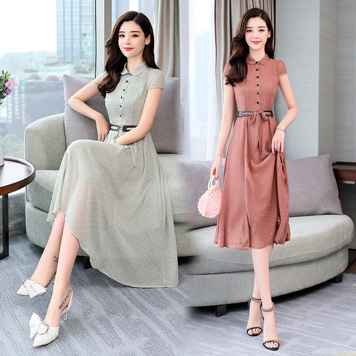 WZNH-MLJL9905(配腰带)纯色舒适时尚潮流单排扣短袖中长款连衣裙 商品图3