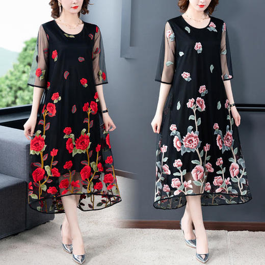 AHM-yxfs9186新款时尚气质网纱绣花七分袖中长款连衣裙 商品图0