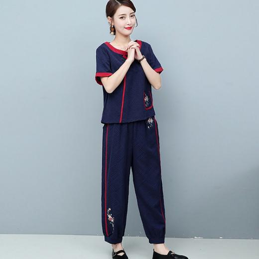 MQ-TZ213民族风刺绣棉麻短袖上衣阔腿裤亚麻两件套装YY 商品图1