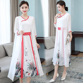 YH-78378文艺复古汉服改良连衣裙古风收腰刺绣改良V领雪纺连衣裙ZXH