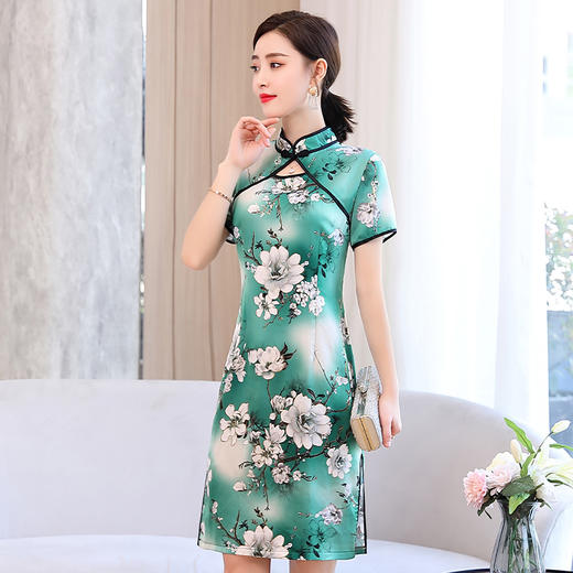 WZNH-HYYX5889夏新品时尚优雅盘扣印花收腰显瘦旗袍连衣裙 商品图3