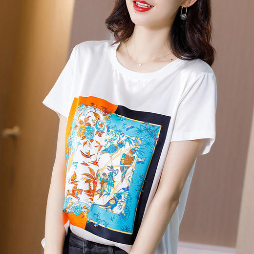 WZNH-WX80519夏新款韩版时尚百搭桑蚕丝圆领短袖套头真丝上衣 商品图2