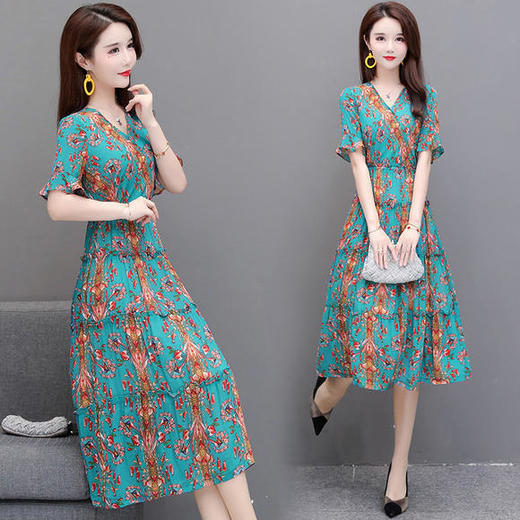 YW-XH-QZ20A19印花时尚气质修身中长款连衣裙 商品图1