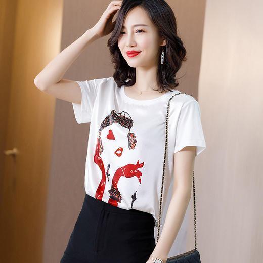 WZNH-WX80359爆款夏季OL气质桑蚕丝套头圆领宽松型女式T恤 商品图0