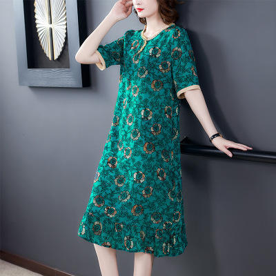 HT-8607新款夏季法式复古桑蚕丝印花中长款连衣裙 商品图1