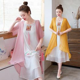 AHM-xmy6062新款棉麻中国风绣花中长款气质连衣裙