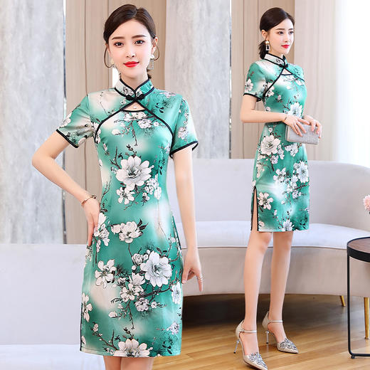 WZNH-HYYX5889夏新品时尚优雅盘扣印花收腰显瘦旗袍连衣裙 商品图0