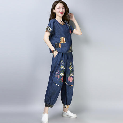 MQ-1101-2007新款大码民族风棉麻牛仔棉拼接刺绣花休闲两件套YY 商品图2