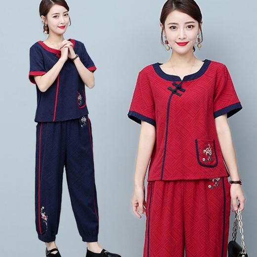 MQ-TZ213民族风刺绣棉麻短袖上衣阔腿裤亚麻两件套装YY 商品图0