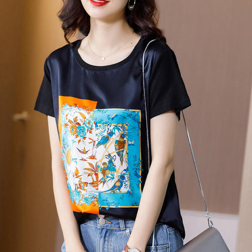 WZNH-WX80519夏新款韩版时尚百搭桑蚕丝圆领短袖套头真丝上衣 商品图3