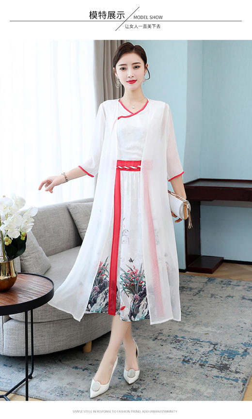 YH-78378文艺复古汉服改良连衣裙古风收腰刺绣改良V领雪纺连衣裙ZXH 商品图4
