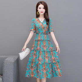 YW-XH-QZ20A19印花时尚气质修身中长款连衣裙