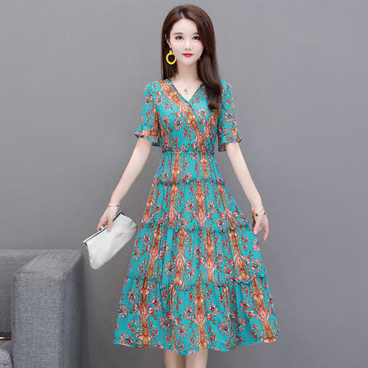 YW-XH-QZ20A19印花时尚气质修身中长款连衣裙 商品图0