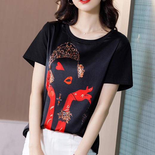 WZNH-WX80359爆款夏季OL气质桑蚕丝套头圆领宽松型女式T恤 商品图1