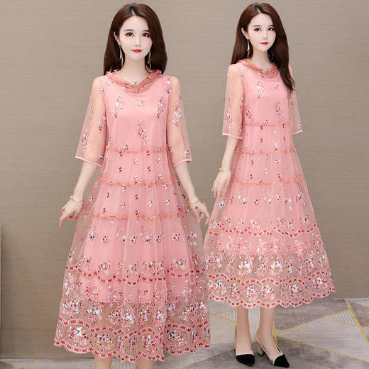 YW-SH20A11A夏新款修身时尚七分袖气质高贵阔太太绣花连衣裙 商品图2