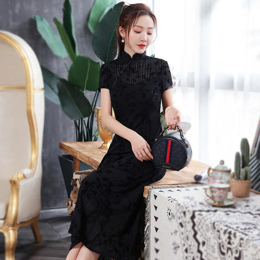 XGT-Q2038新款纯色古典中国风改良弹力提花旗袍裙 商品图3